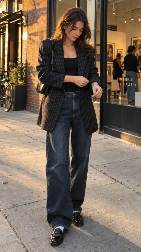 Black and white chalk stripe blazer with dark baggy jeans and loafers