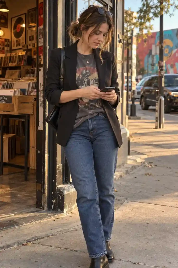 Black blazer with a graphic band tee