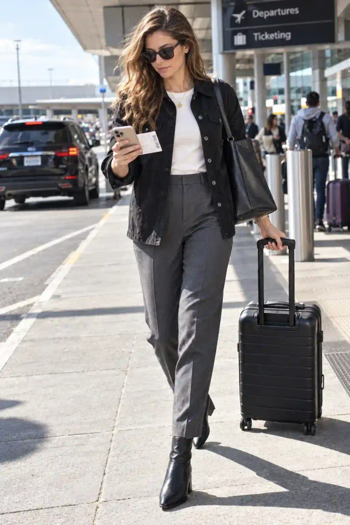  Black faux-suede shacket over white knit and charcoal tapered trousers