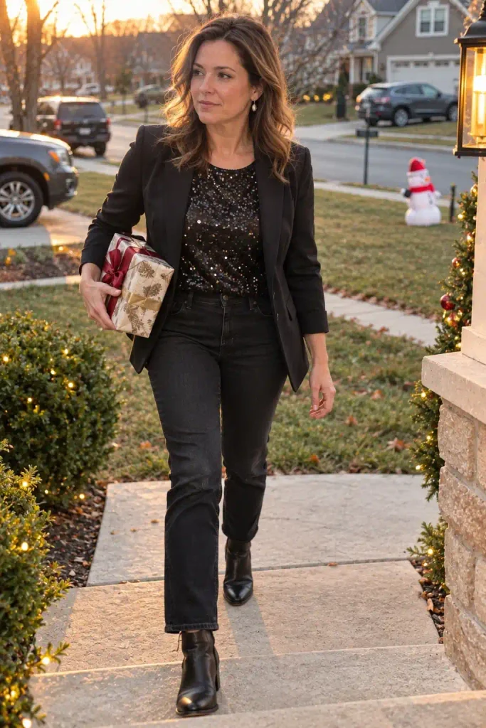Black jeans with a subtle sequin top