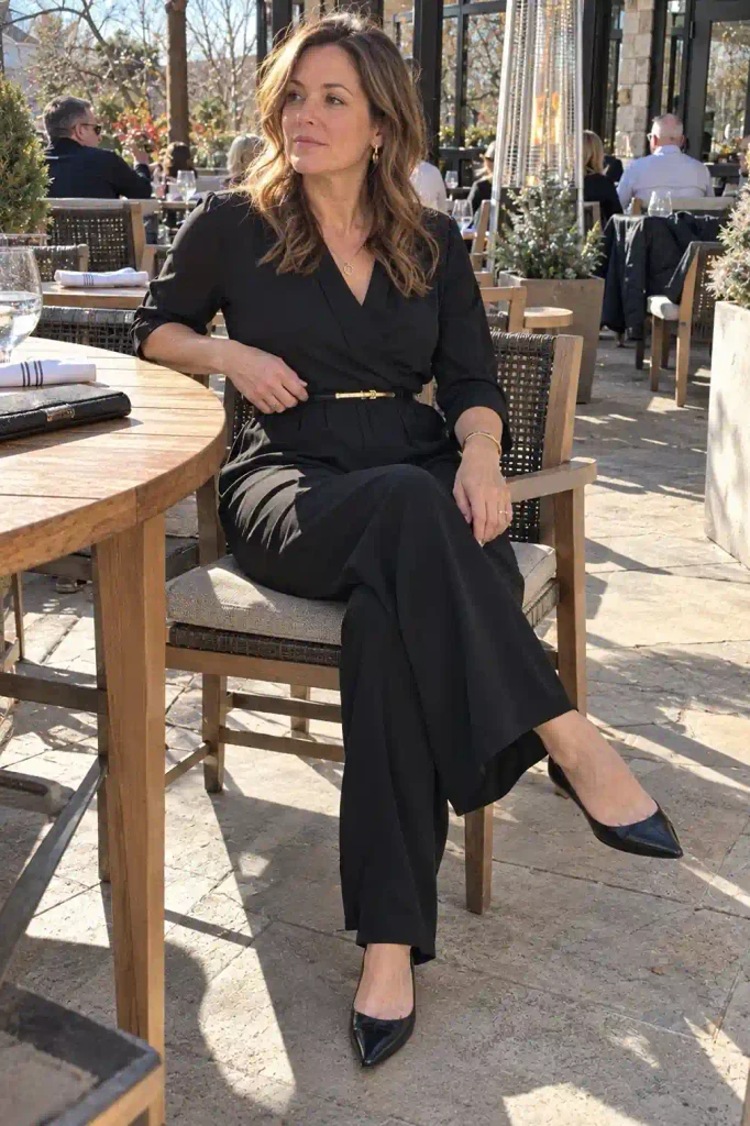 Black jumpsuit with a metallic belt