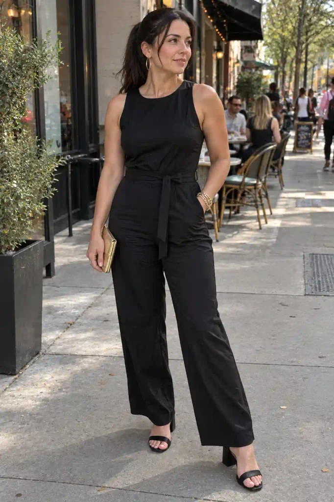 Black jumpsuit with gold jewelry