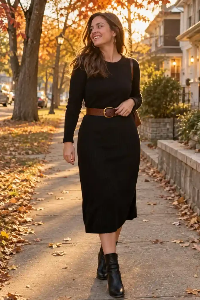 Black knit midi dress with a statement