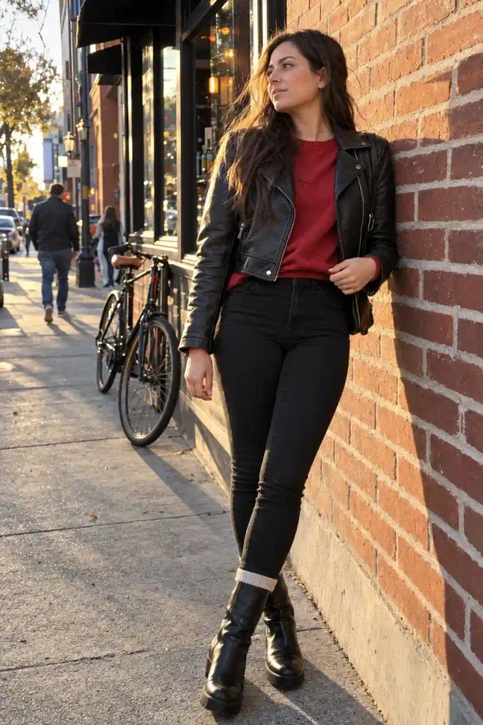Black leather or faux leather jacket