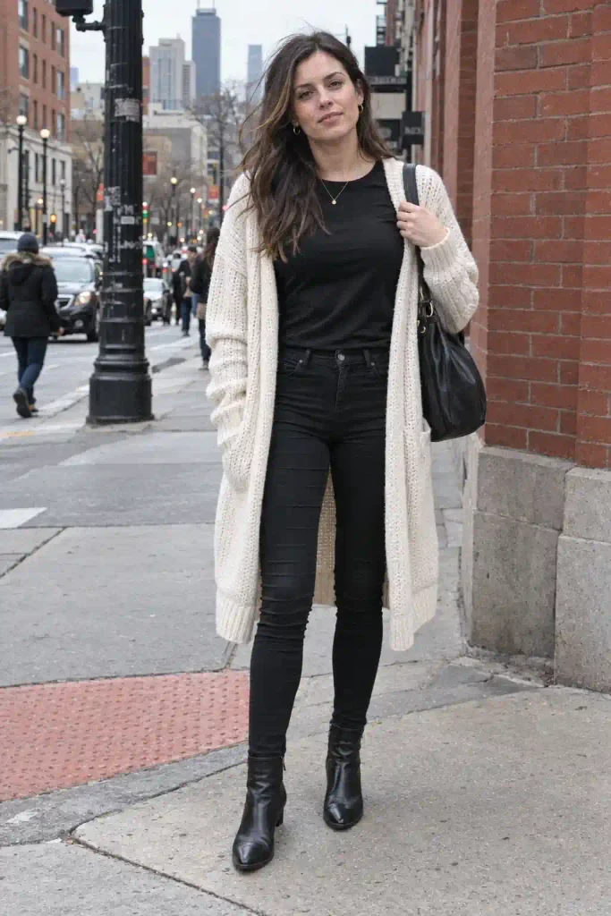 Black skinny jeans and a cream chunky knit