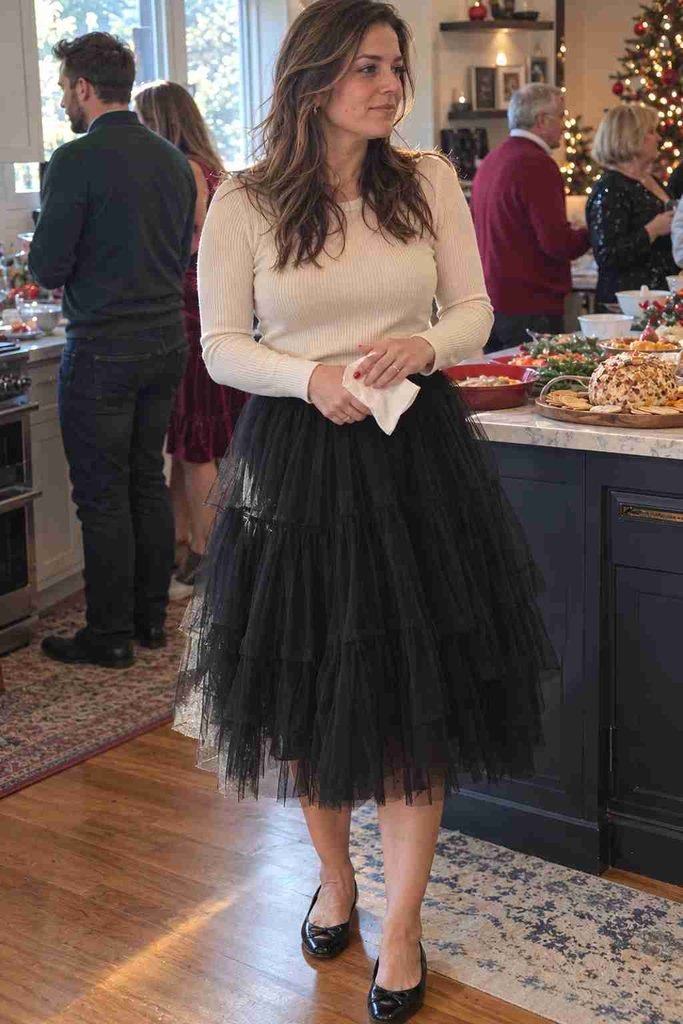 Black tulle midi with a fitted sweater