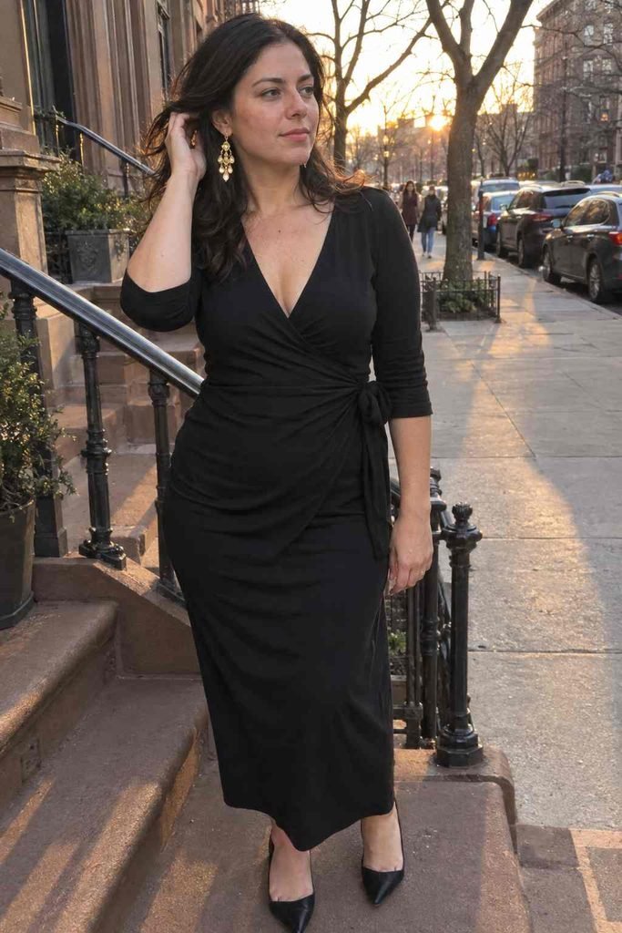 Black wrap dress with statement earrings