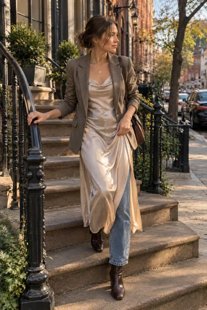 Blazer with a slip dress underneath