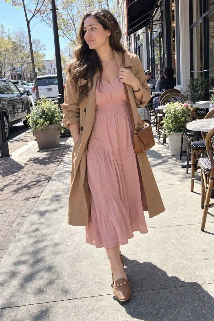 Blush midi dress with a camel trench
