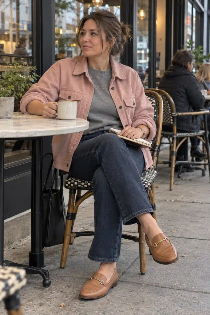  Blush pink twill shacket with grey sweater and dark straight jeans