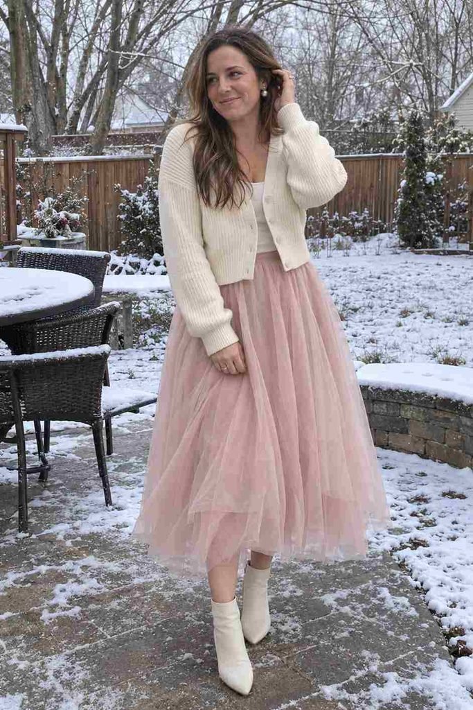 Blush tulle skirt with a cropped cardigan