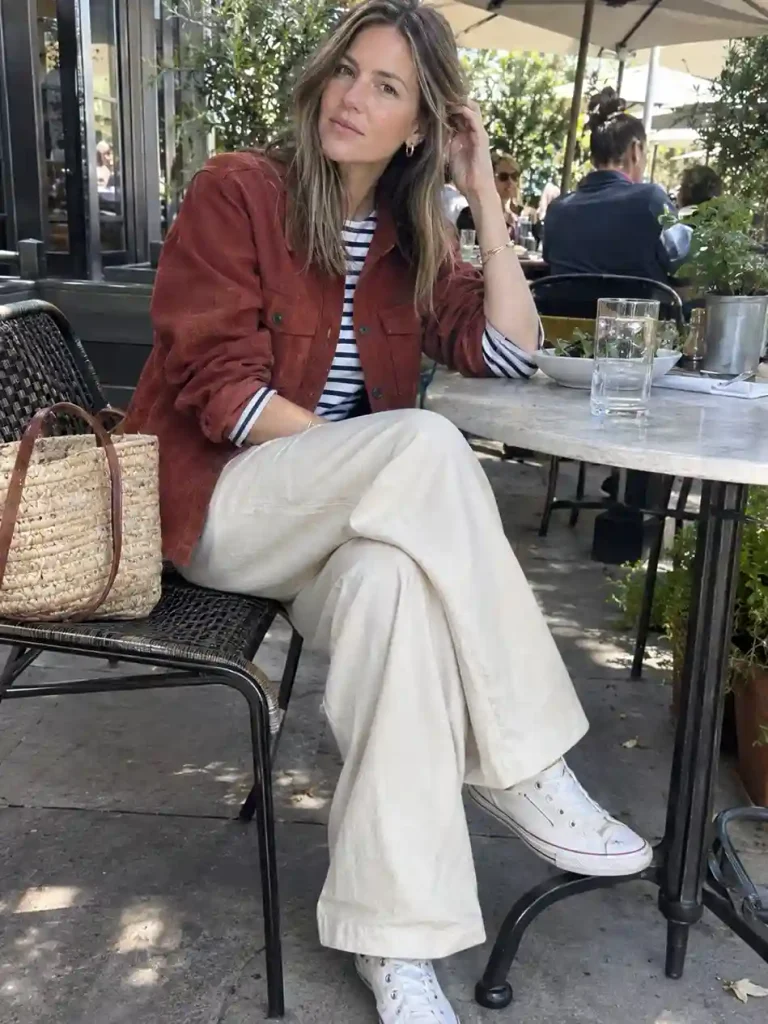 Breton stripes and cream trousers
