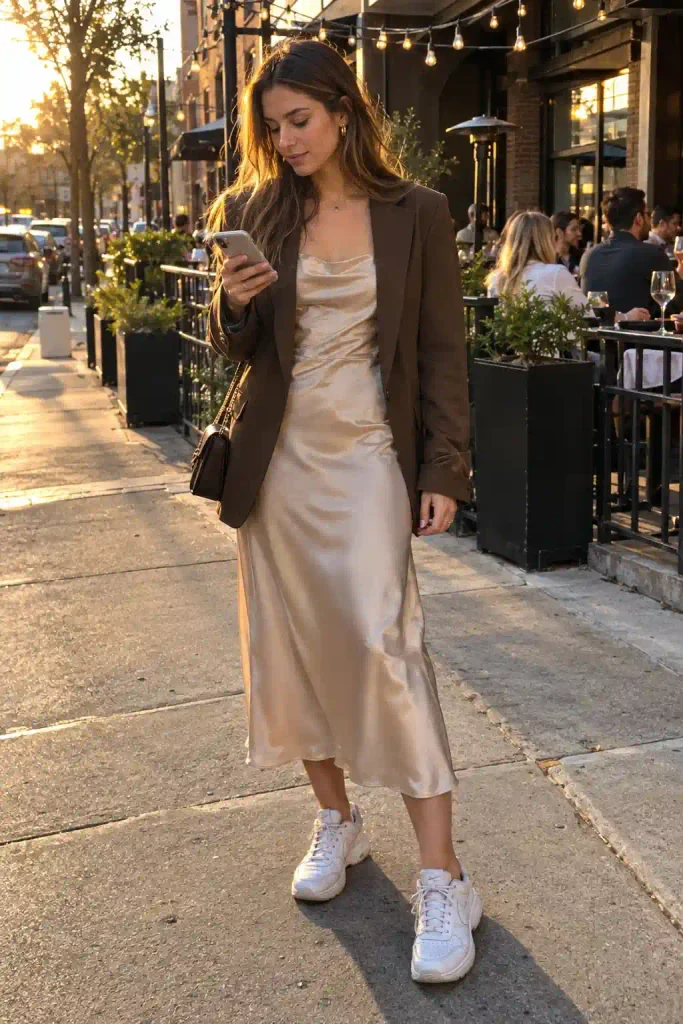 Brown blazer over a slip dress