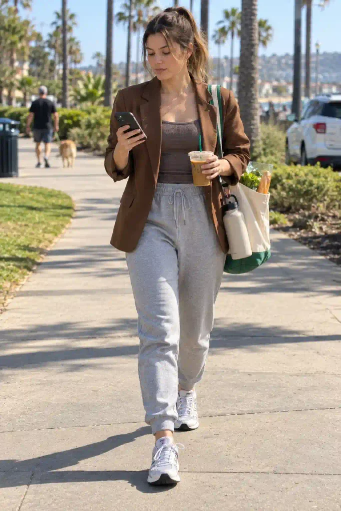 Brown blazer with athleisure
