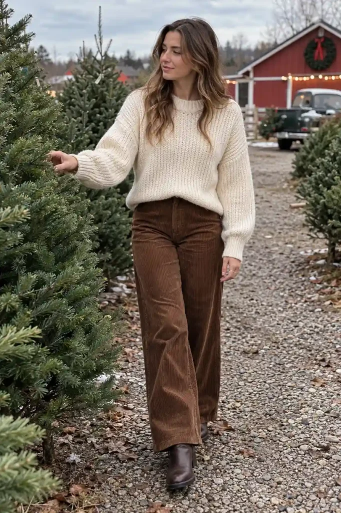 Brown corduroy pants with a cream knit