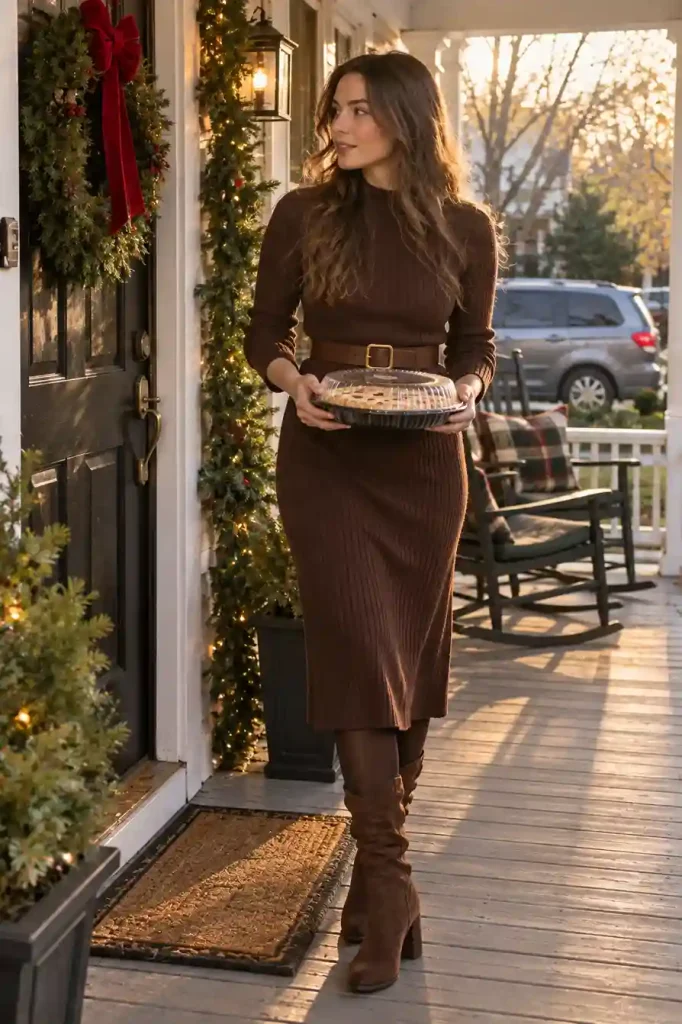 Brown knit dress with tights and boots