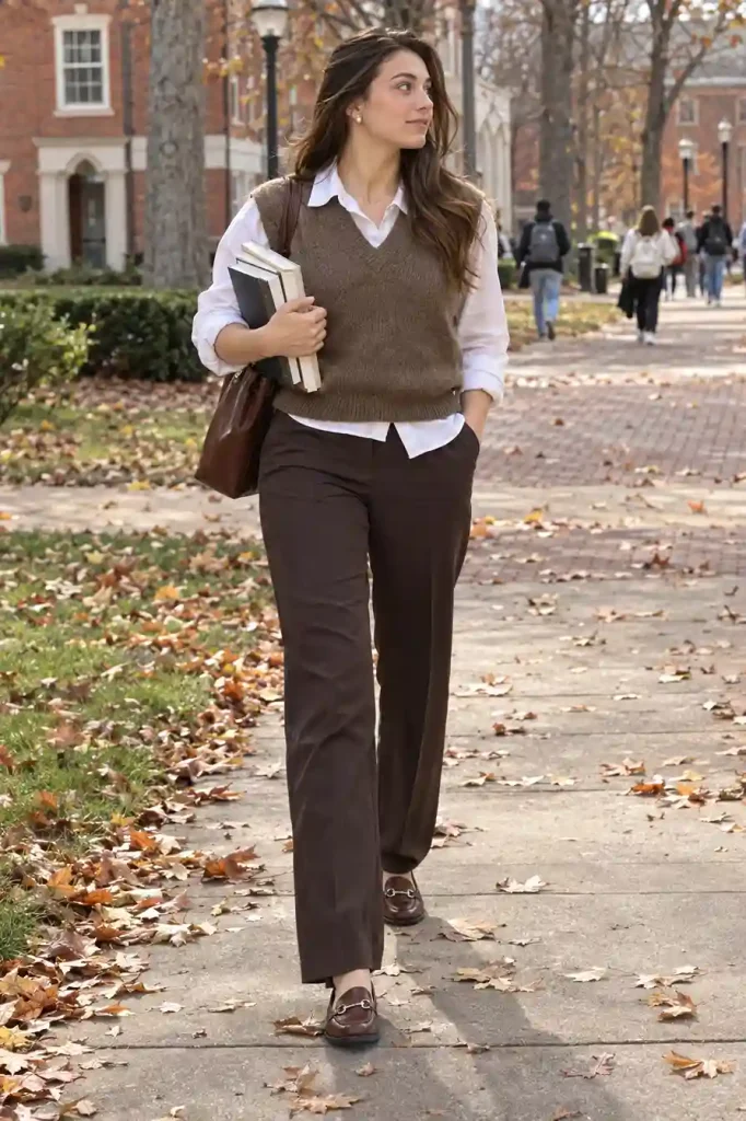 Brown knit vest over