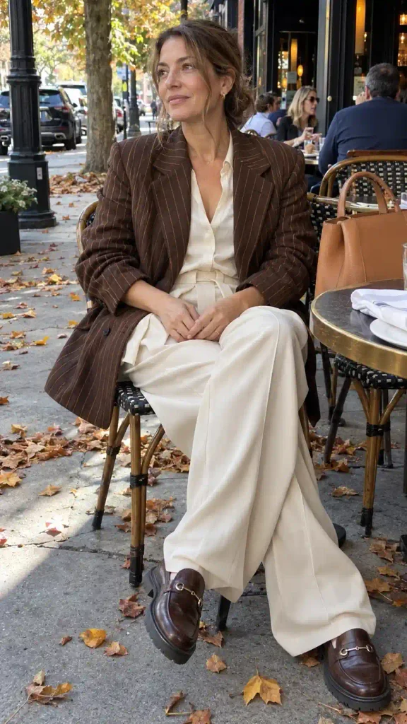 Brown striped blazer with cream pleated trousers and chunky loafers