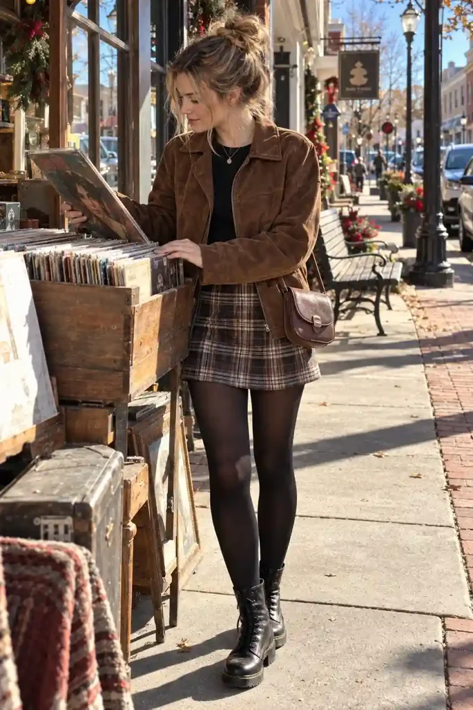 Brown suede jacket with a plaid skirt