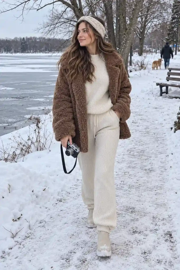 Brown teddy coat with ivory knitwear
