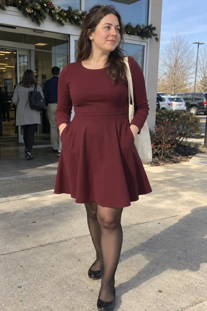 Burgundy A-line dress with pockets