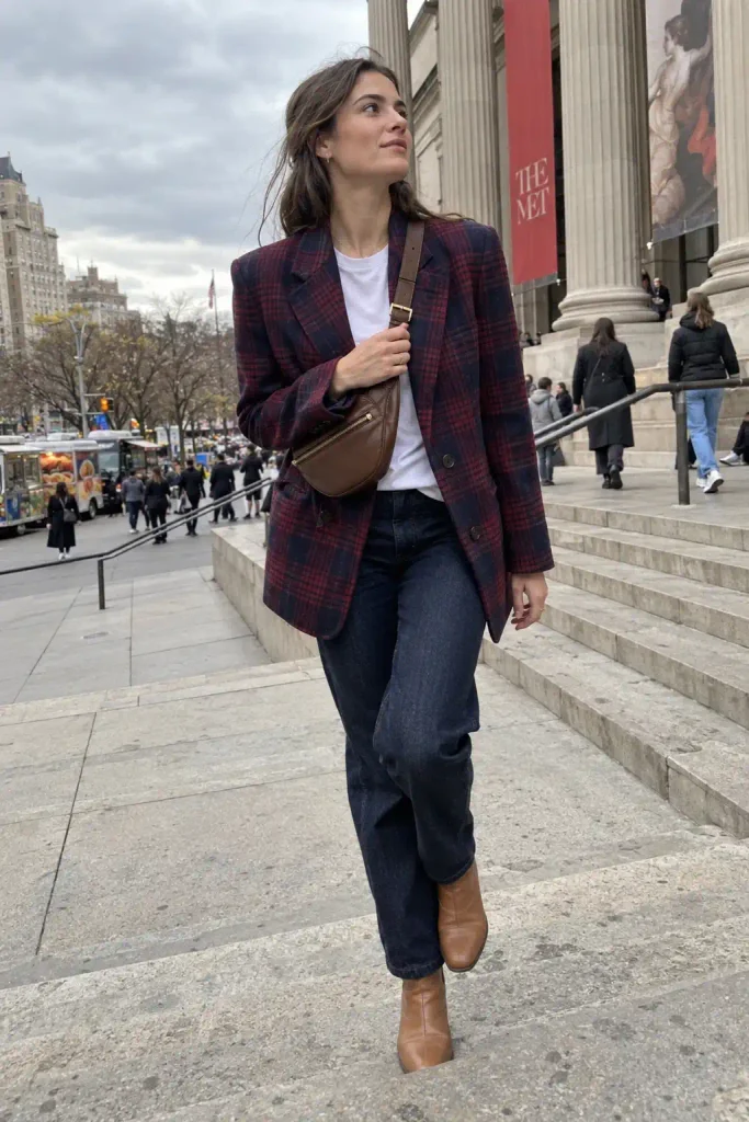 Burgundy plaid blazer with white tee and dark indigo jeans