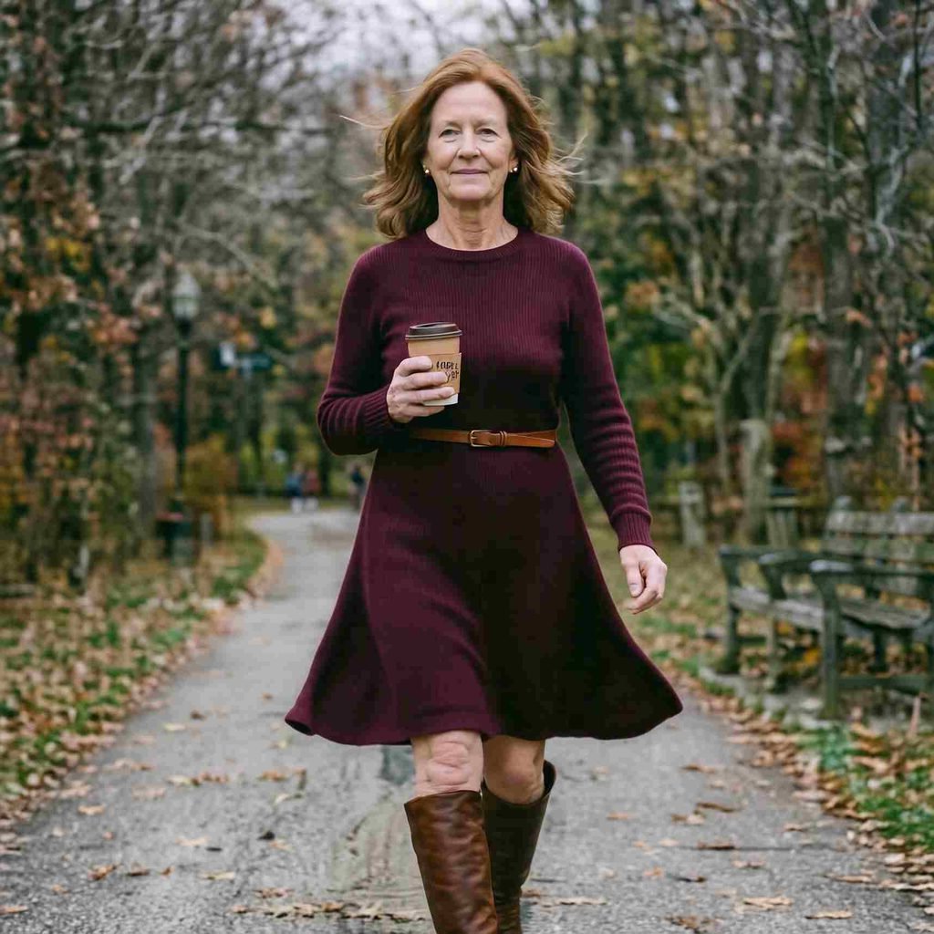Burgundy sweater dress with a belt