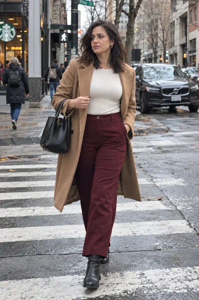 Burgundy trousers with a cream bodysuit