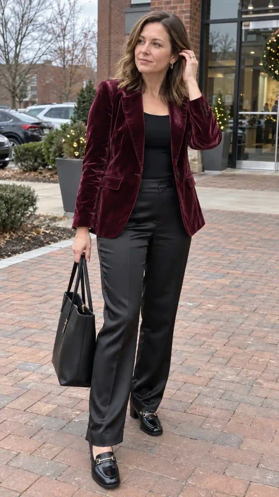 Burgundy velvet blazer with black