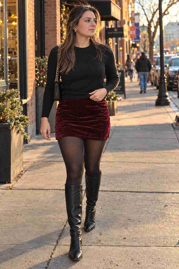 Burgundy velvet mini with black tights and boots