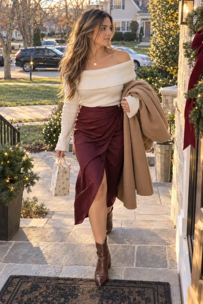 Burgundy wrap skirt with