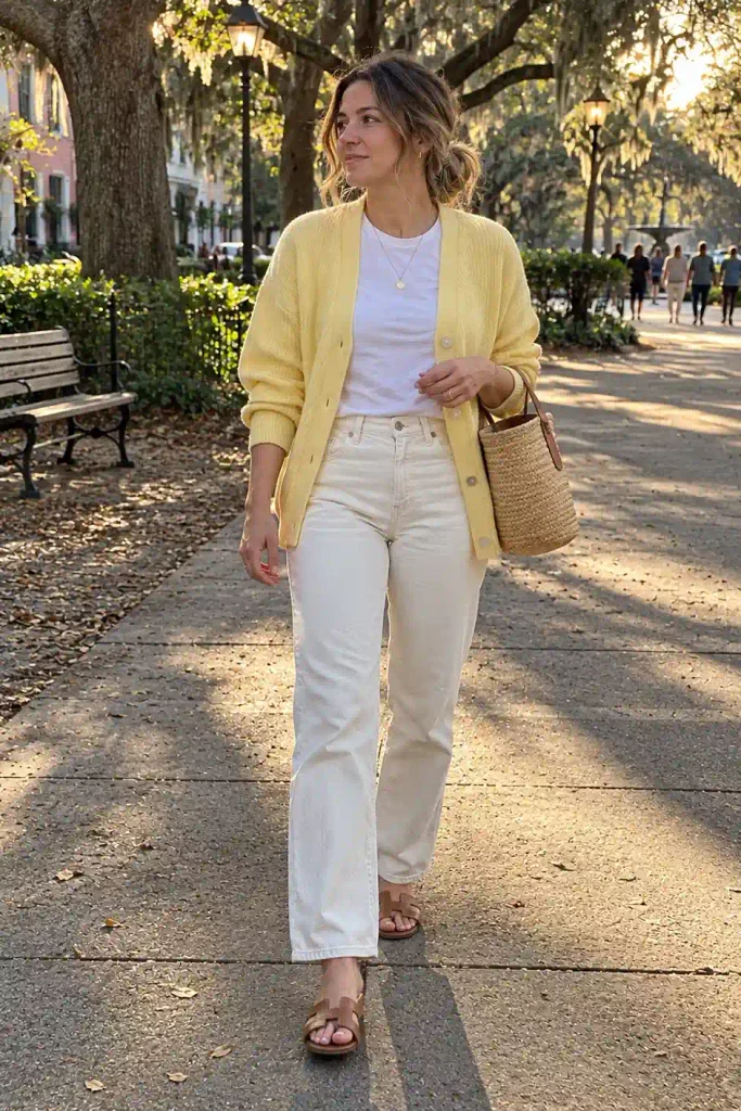 Butter yellow cardigan with ecru jeans