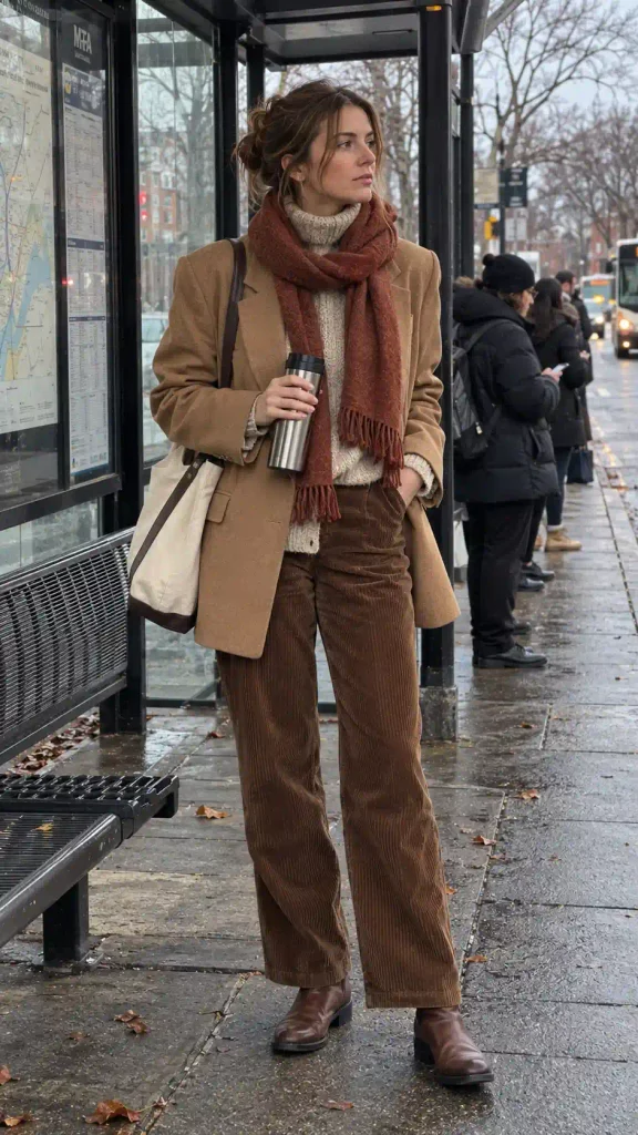 Camel blazer over a chunky 