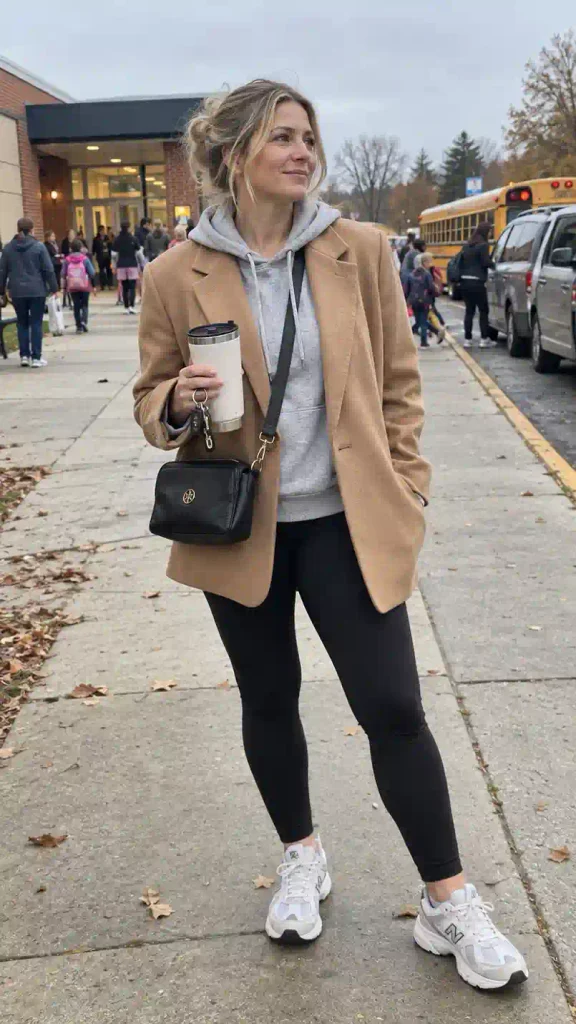 Camel blazer over a gray hoodie