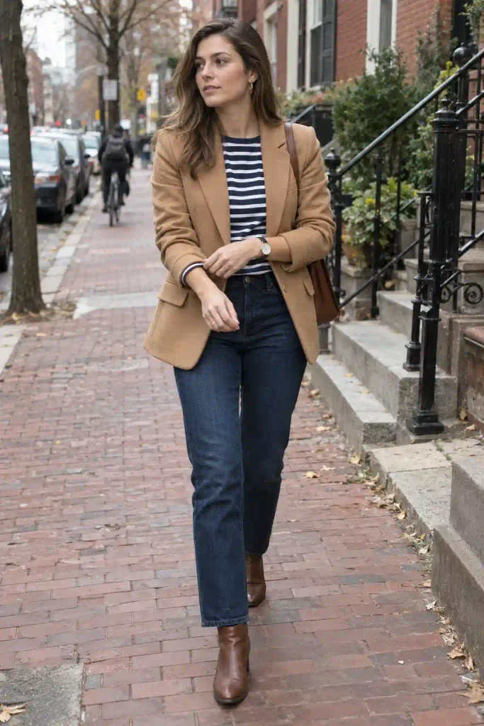 Camel blazer over a striped Breton top