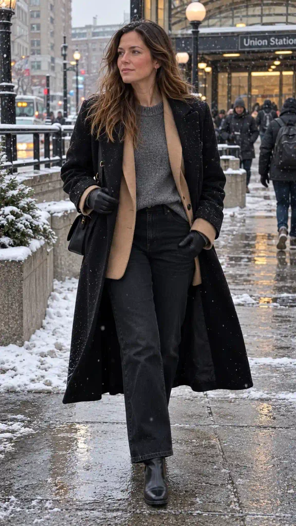 Camel blazer under a long black wool coat