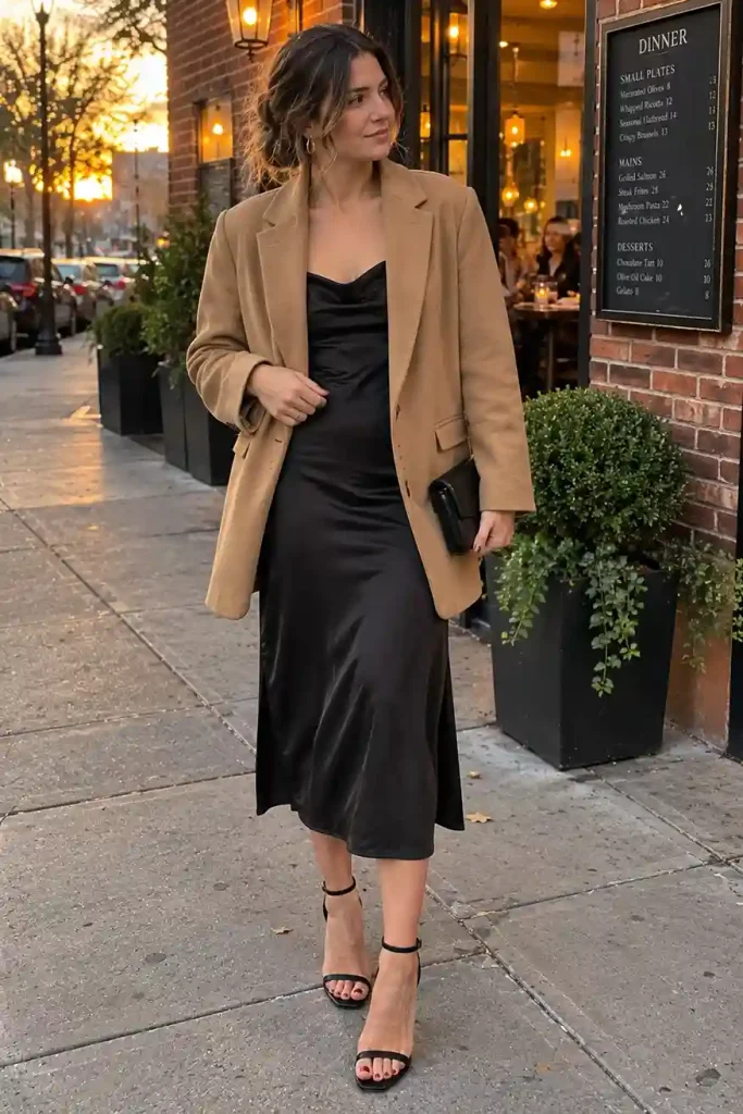 Camel blazer with a black slip dress