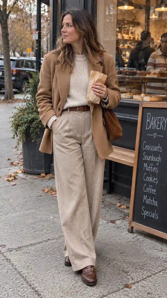 Camel blazer with a cream