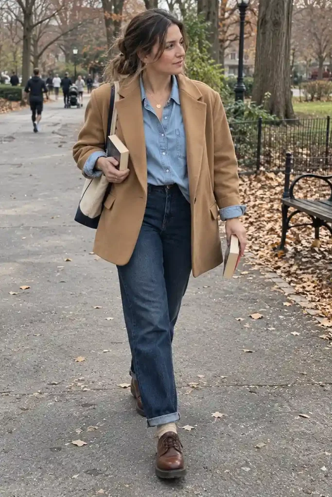Camel blazer with a denim-on-denim set