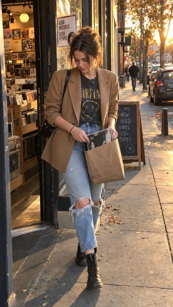 Camel blazer with a graphic band tee