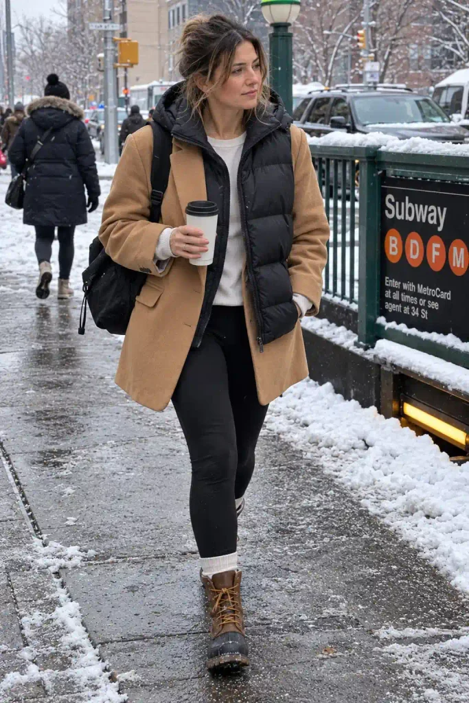 Camel blazer with a hooded puffer vest