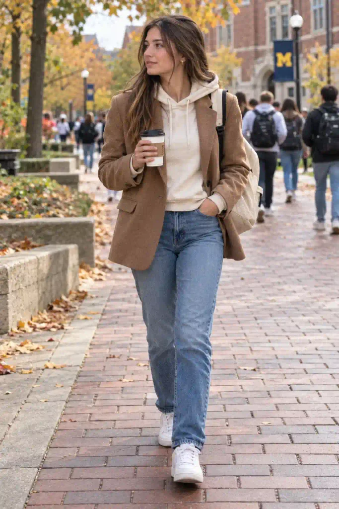 Camel blazer with a hoodie