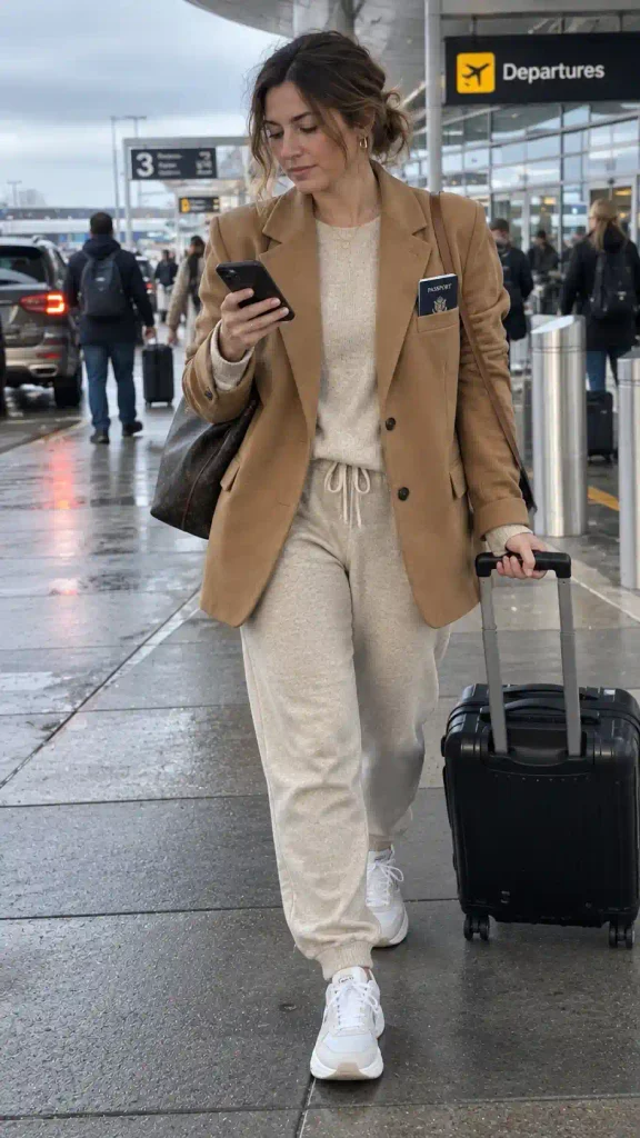 Camel blazer with a knit set and sneakers