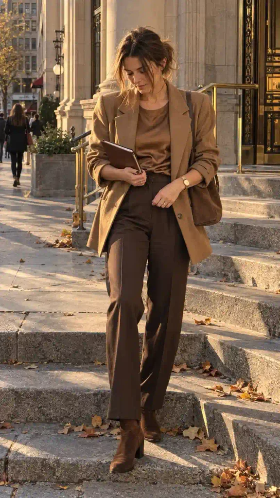 Camel blazer with a monochrome brown set