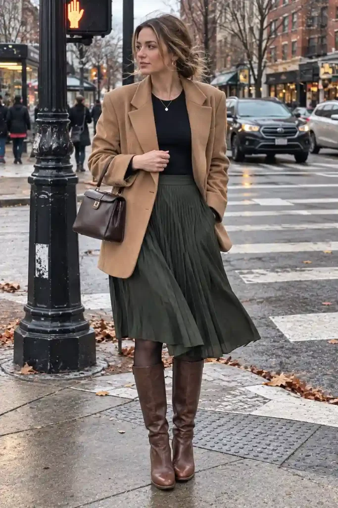 Camel blazer with a pleated midi skirt