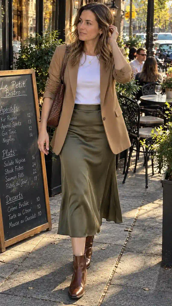 Camel blazer with a satin skirt and a fitted tee