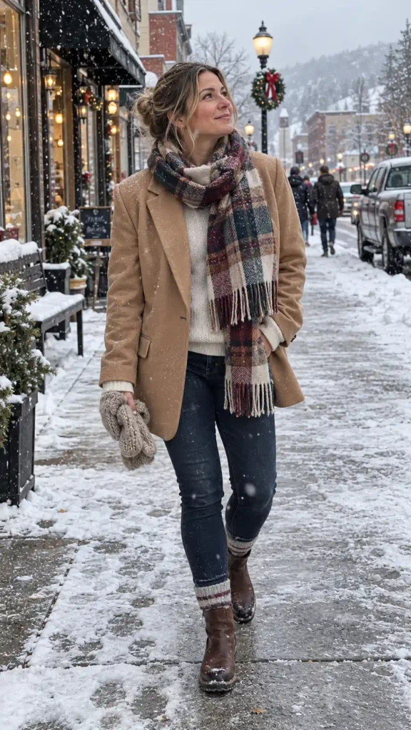 Camel blazer with a scarf and thermal layers