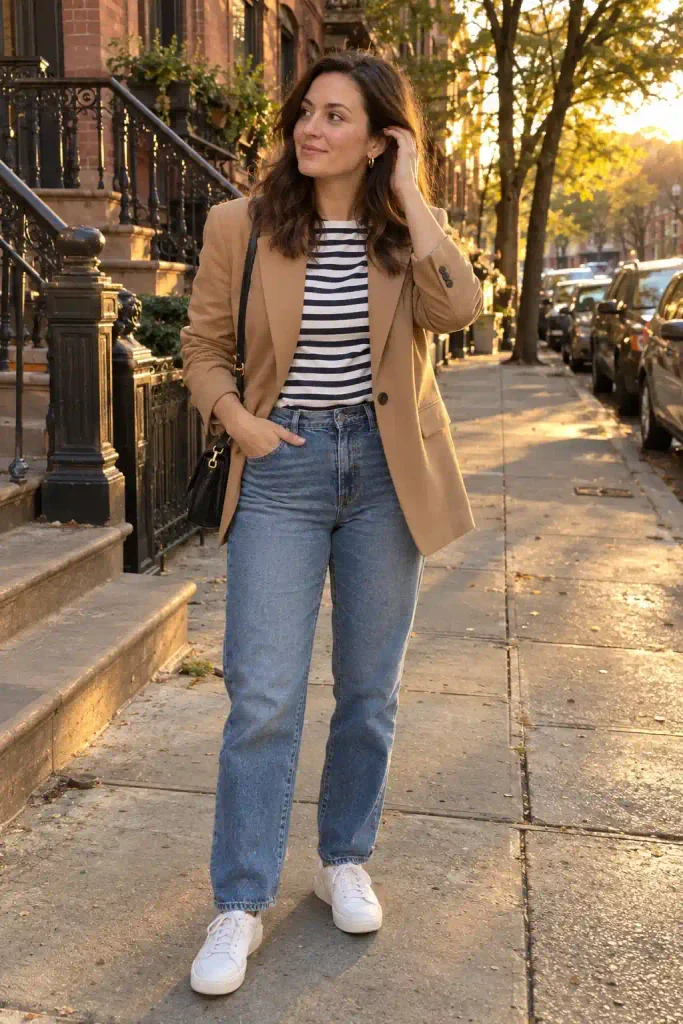 Camel blazer with a striped Breton top