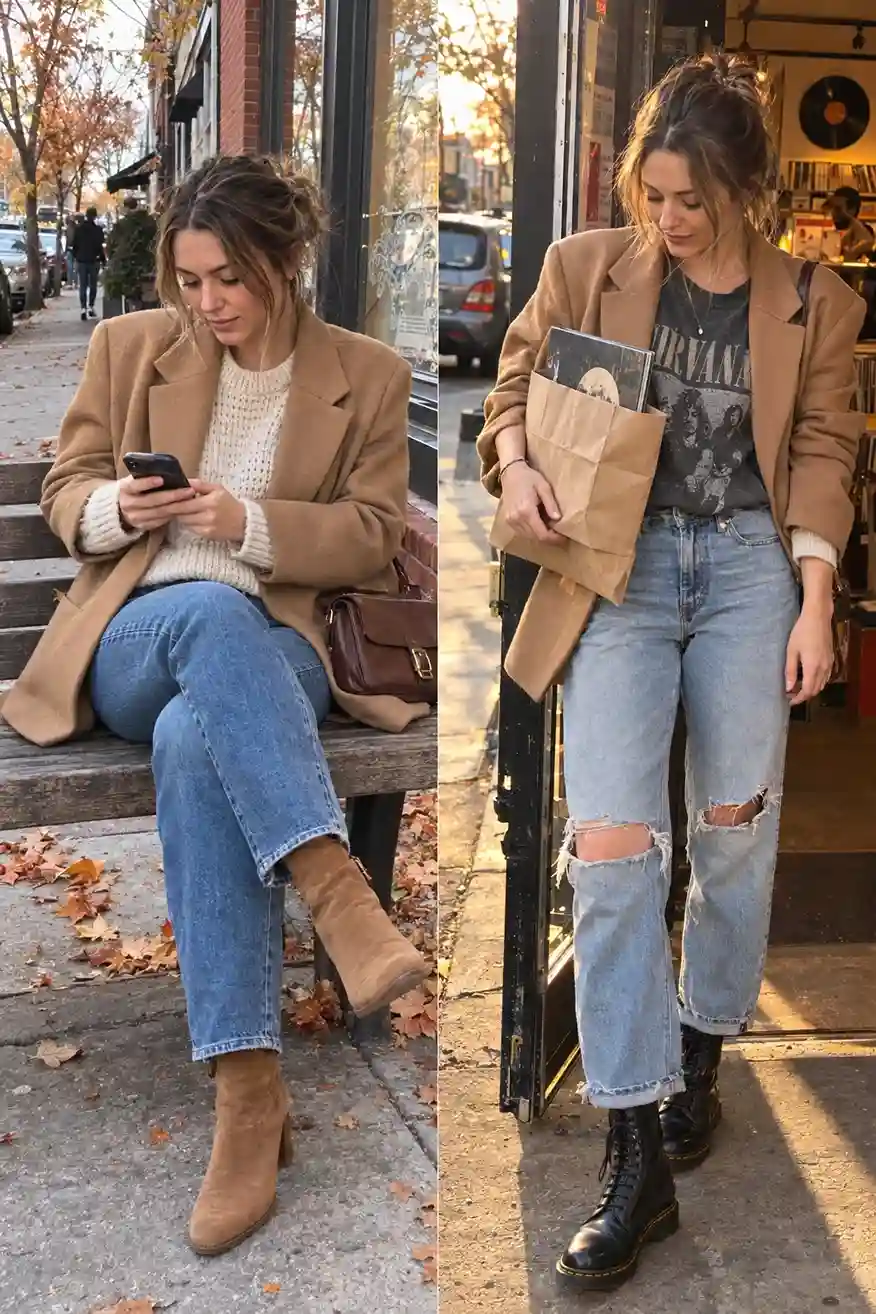 Camel blazer with a striped Breton
