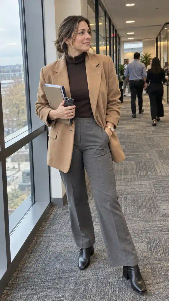 Camel blazer with a turtleneck